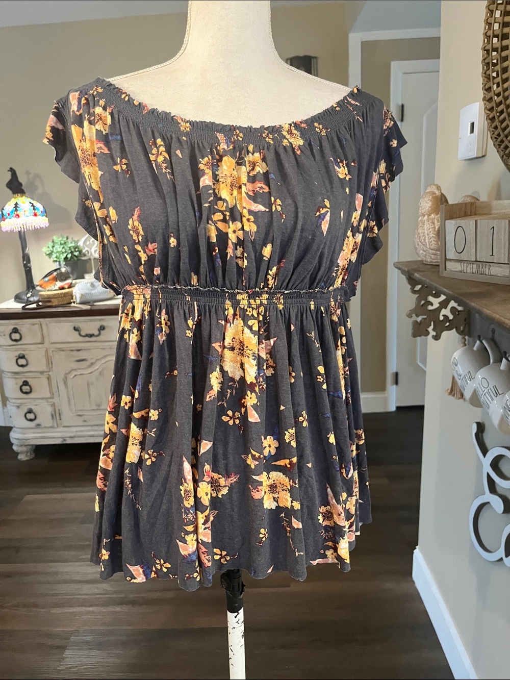 We The Free Floral Off-Shoulder Tunic with Yellow Accent